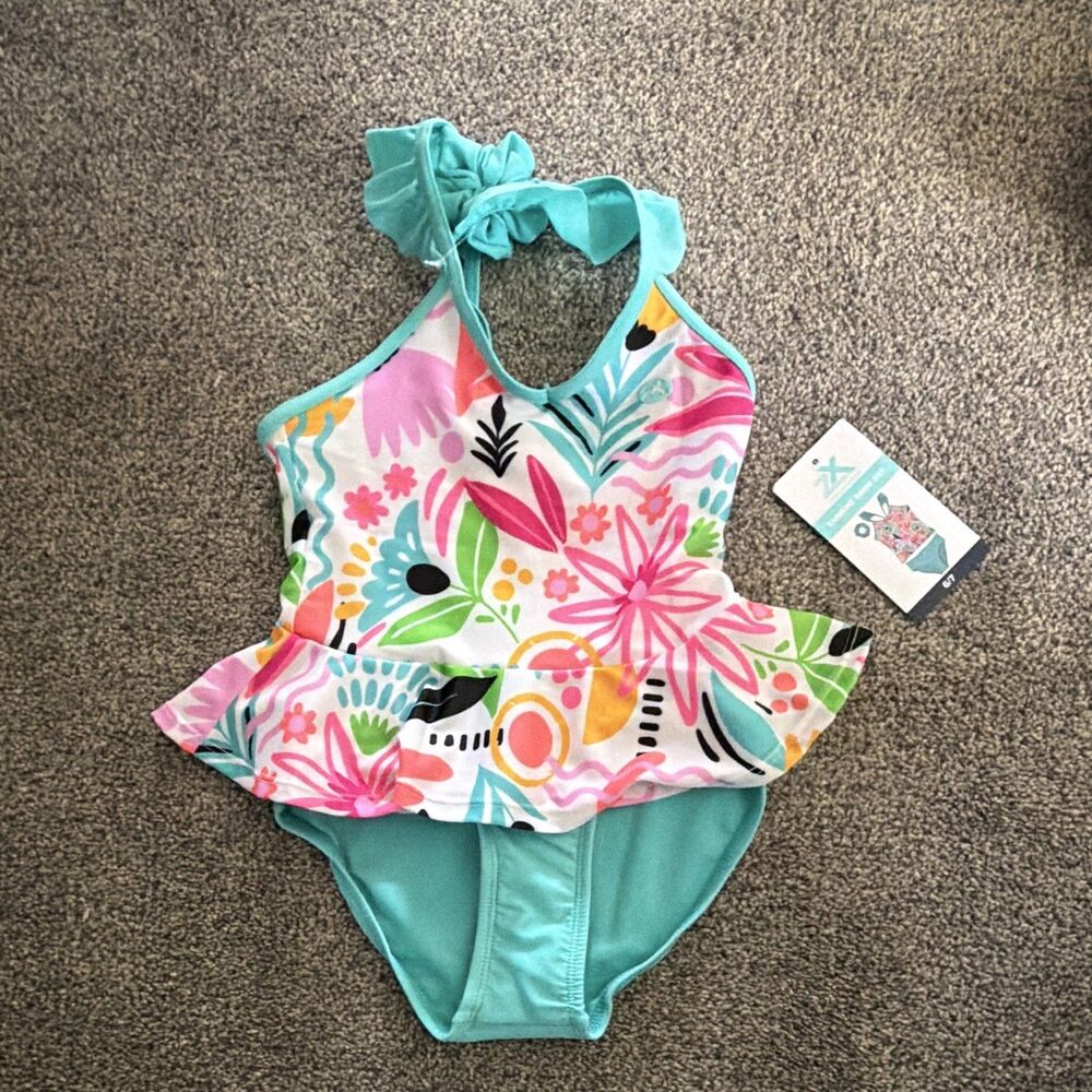 Xhilaration Girls Floral Halter Ruffle One-Piece Swimsuit Size 6/7 NWT A4